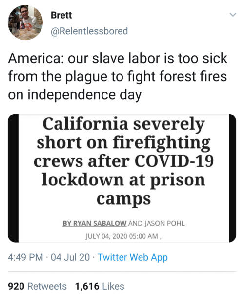 bi-blue:[ID: A tweet from Brett @relentlessbored reading America: our slave labor is too sick from t