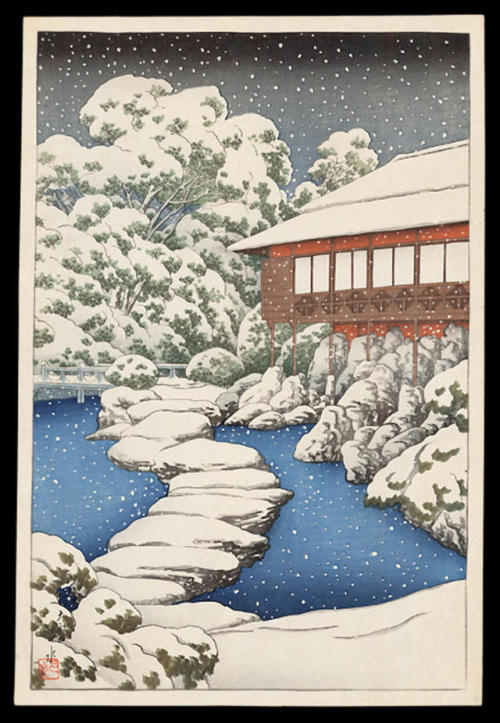 Snow at a Guest House on the Pond’s Edge (from The Mitsubishi Villa in Fukagawa), Hasui Kawase, 1920