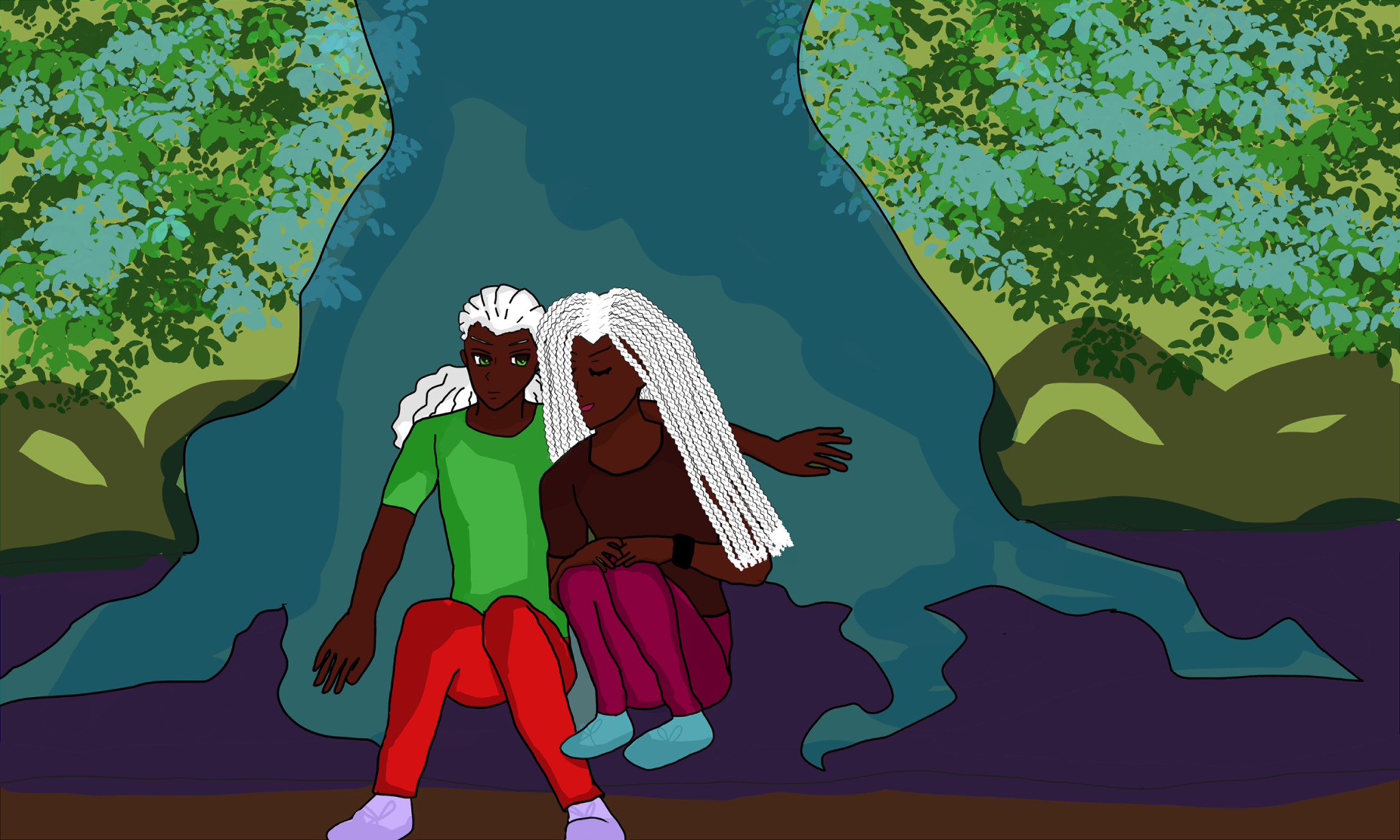 leo and khaleel sitting together--both have dark brown skin. leo has spring green eyes that light up looking at khaleel with a smile, with anime white hair that tied and falling back in curls behind him. he wears a leaf green shirt and bright red pants and his sneakers are lavender in tone. khaleel at his side has his eyes closed with a little smile. he has braids falling down at his sides, and it covers one of his eyes. he wears a dark maroon-brown shirt and dark pink pants with aqua-toned sneakers. they sit against a aqua-toned tree with dark blue soil beneath that becomes a typical brown soil beneath that. there's shadowed green roots behind the aqua-toned tree, but there are roots around and beneath leo and khaleel, too. there are implications of light and dark green and aqua leaves above.