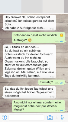 herrinundsklave:  Da es in letzter Zeit ja etwas ruhiger geworden ist, und einige Dates in die Hose, hat sich meine Frau/Herrin heute scheinbar etwas einfallen lassen um wieder mehr “Schwung” rein zubringen.Natürlich werde ich ihre Wünsche bestmöglich