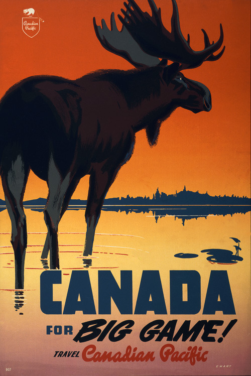 vintagraphblog:  Canada for Big Game! Travel Canadian Pacific. A moose stands before