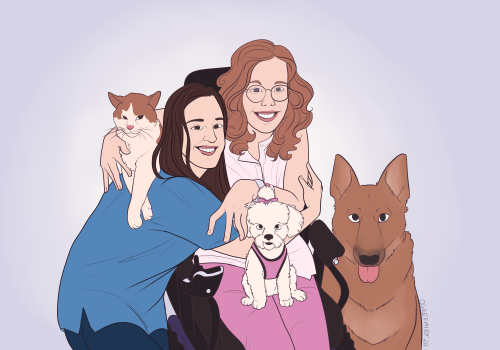 ogrefairydoodles: Portrait for Kathleen of her and her friend Gennarose and cat PJ, dog Ohana, and d