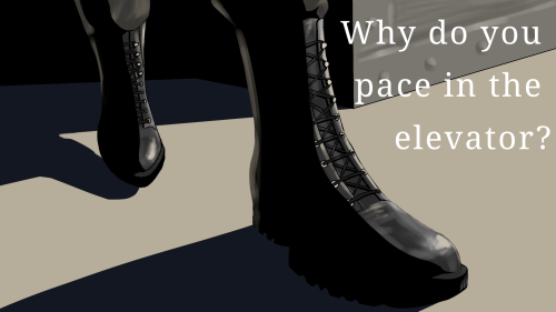 a horizontal image of walking combat boots, with a light source out of frame casting a heavy shadow on them. There is text reading: Why do you pace in elevators?