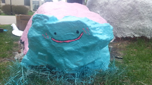 talikira:  So the university has these rocks you can paint, usually for special events, so for our anime con we painted them as dittos— it’s actually really uncanny how well the shape works for the shiny ditto— I know they’re just blobs, but even