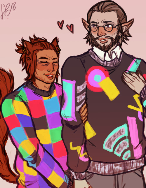 @elfprince‘s ginger catte R’dli and my embarrassing dad elf Percy in these fucking sweaters