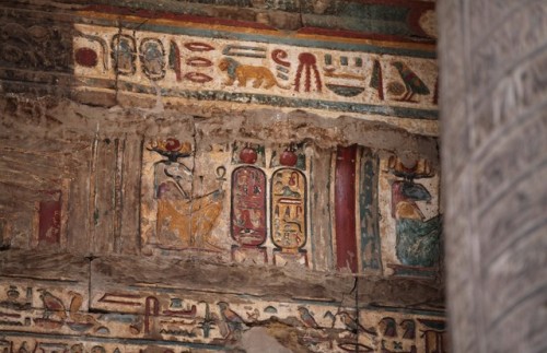 Colorful wall paintings and reliefs at Khnum Temple in Esna, Egypt