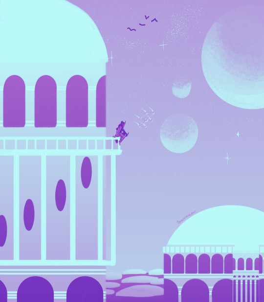 Digital painting in blues and purple of an alien city. The buildings are domed towers reaching to the sky, which has 3 moons. A figure is sitting on the balcony of the tallest tower.