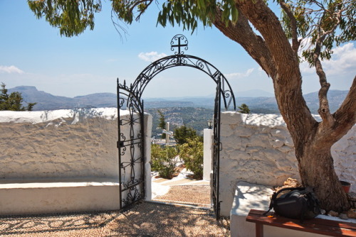 The pearly gates. Himmelstor.View of the gate to Panaghia Tsambika, Rhodes 2017.
