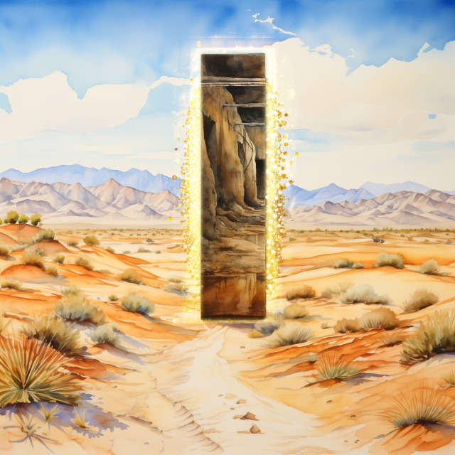 A golden dungeon gateway in the desert
