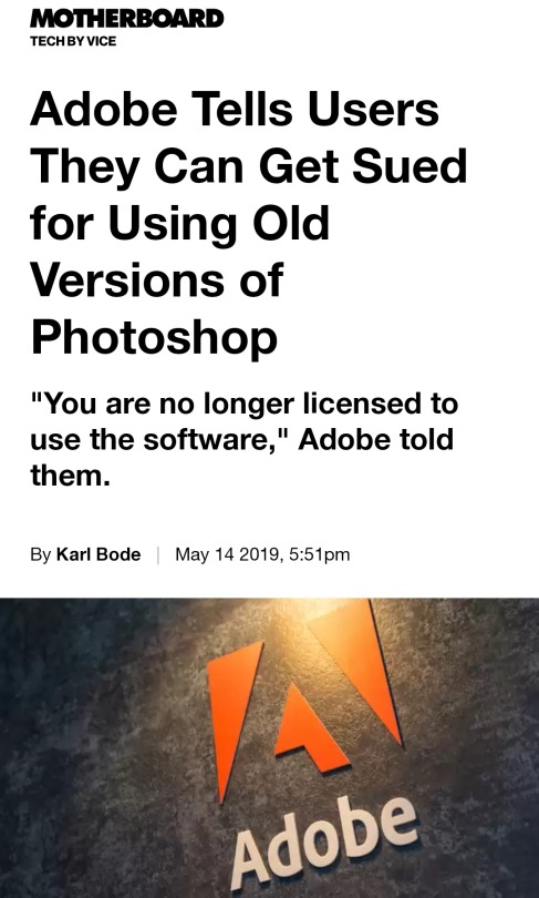 woolen-feathers:dana-cz:doomslug:pen-scribbles:  fallnangelcreations: hopesterling:  socialistexan:  awsomelink:   one-time-i-dreamt:   Read more here:  Adobe Tells Users They Can Get Sued for Using Old Versions of Photoshop   Friendly reminder that GIMP