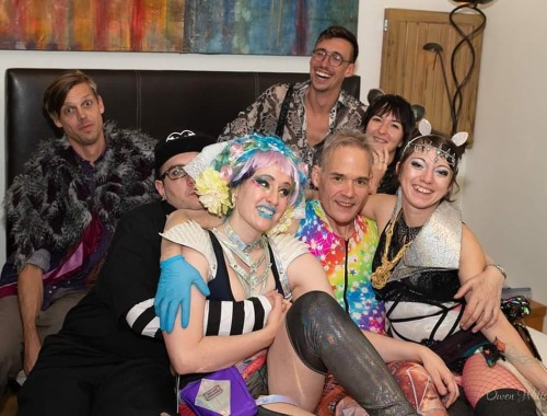 Awesome pre-party group photo from my birthday! Costume, Holographic Harness, and Wig by Kendall Mad