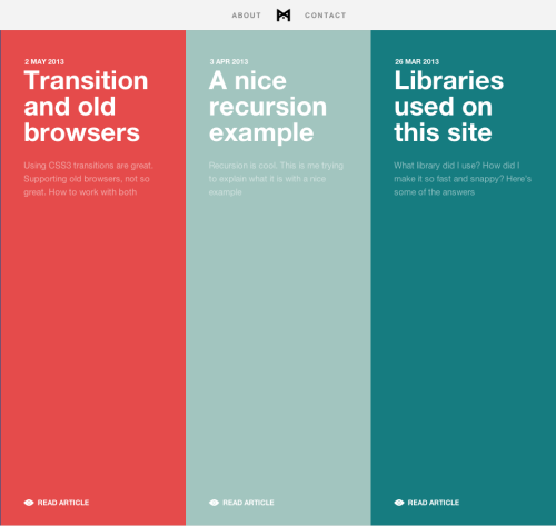 This interesting blog from Stephen Burgess, is a beautiful example of minimalism, use of color, and using jquery to powerful effect, while keeping the focus on the reading experience.