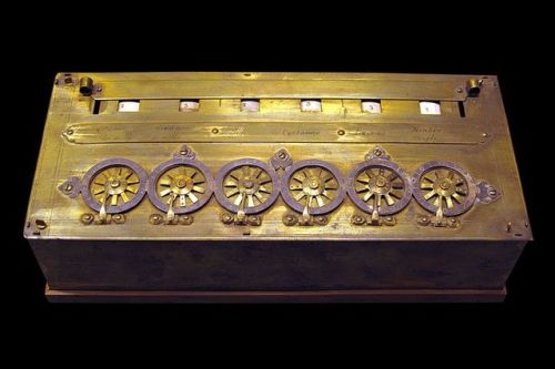 A Pascaline, a mechanical calculator devised by Blaise Pascal, mid 1600s. Pascal’s father was a tax 