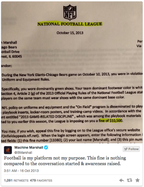 foxsports:  Brandon Marshall receives บ,500 uniform violation fine for his green cleats worn in promotion of Mental Health Awareness Week, tweets out fine letter. (via @BMarshall ) 