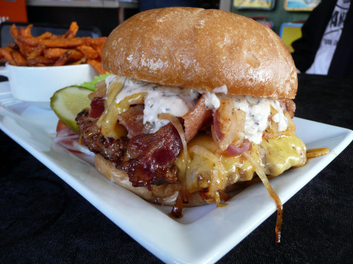 yummyfoooooood:Greasy Bacon Cheeseburger with Sweet Potato Fries