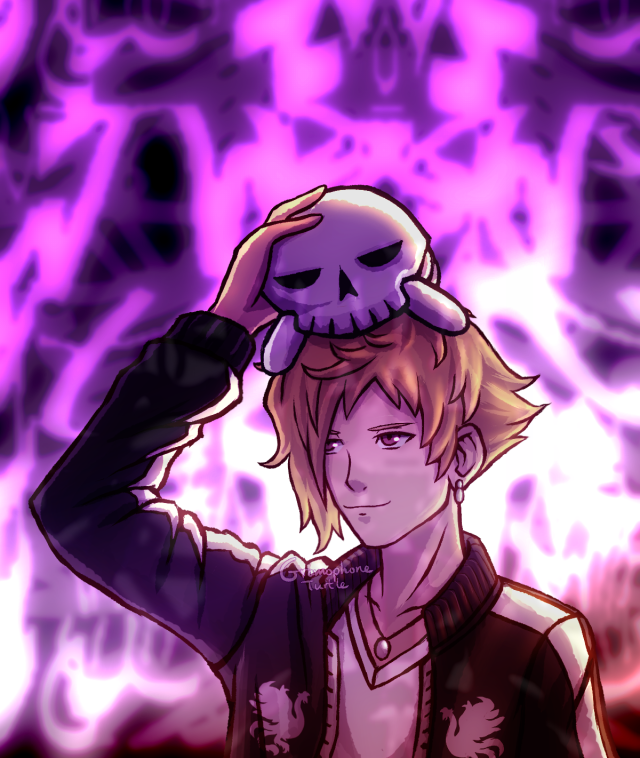 Hazuki Mikagi is balancing a doll of a human skeleton on his head. He's amused by the doll. The picture is in tones of purple, pinks and red, with the lighting coming from behind Hazuki from some glowing abstract design.