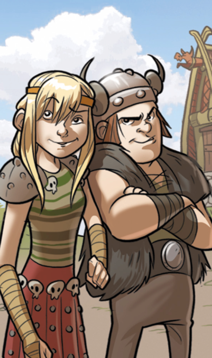 comic art of Astrid and Snotlout smirking and gossiping together.