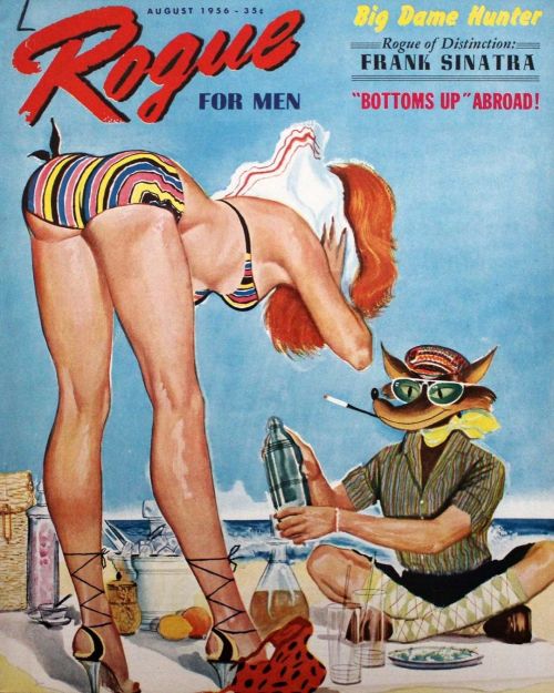 65 years ago this month on the cover of Rogue magazine — leggy babe in bikini bends over as th