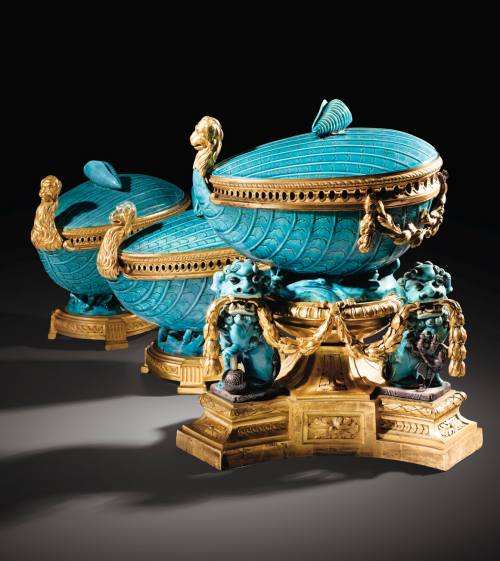 Hybrid objects - A gilt-bronze mounted chinese bleu céleste porcelain garniture composed of three po