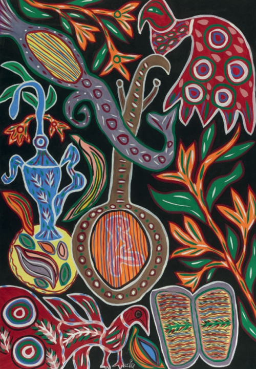 Mahieddine BAYA (1931-1998) Composition à la mandoline et au paon, 1972Gouache on black paper 100 x 