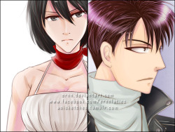 aoisketches:  SnK artwork for an artbook compilation I’m joining. Mikasa and Levi :3 I don’t know why it’s much harder to finish Levi than Mikasa… +_+ sorry for the ‘portion’ preview. because the book isn’t out yet hehe… 