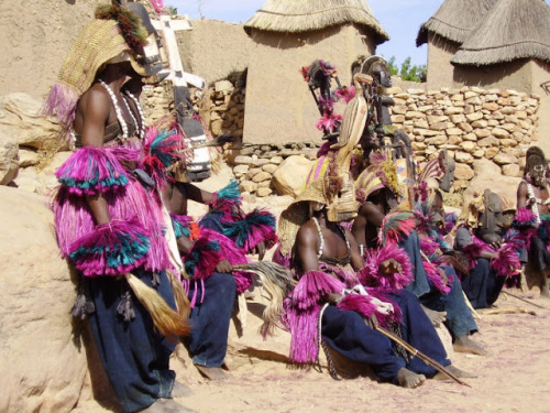 Dogon men in their ceremonial attire; Mali, West Africa