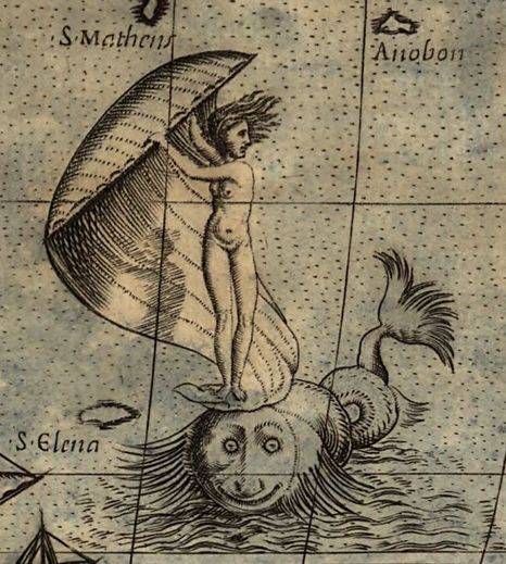 historieofbeafts:The award for Best Symbolic Sea Monster Riding on a 16th Century Map still goes to Fernado Bertelli’s 1565  Universale descrittione di tutta la terra conosciuta fin qui, which features Bold Fortune windsurfing on the back of a truly