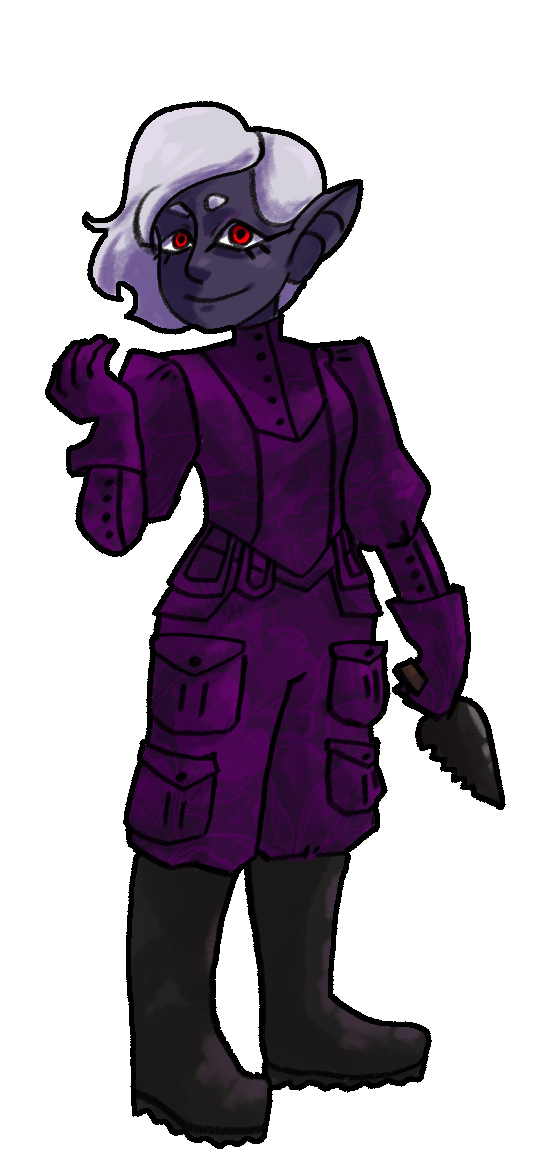 Filonyn in their hunting outfit, a purple wool brocade jumpsuit