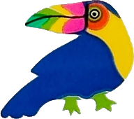 sticker of a purple and yellow toucan looking to the left.