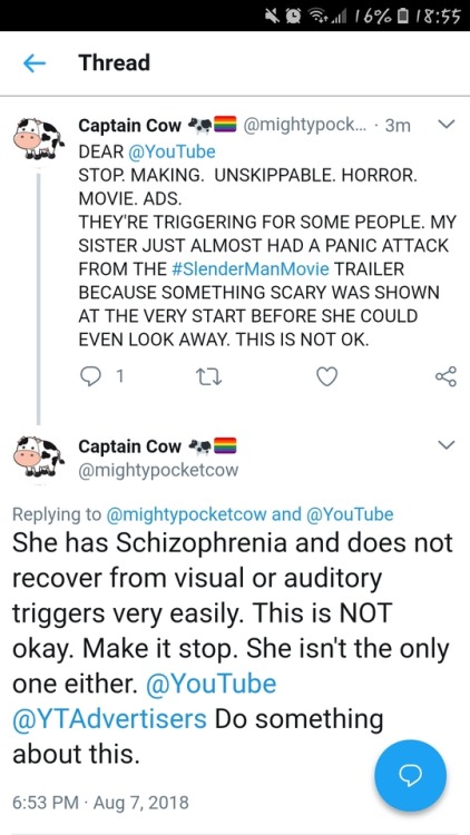 analogdreamsinteractive: arthurorion:  authorpocketcow: I’ve had it with youtube and its bullshit. Scary movie ads can be really triggering. We all know this. I want youtube to SEE this and DO something. Get famous youtubers on this. Get attention.