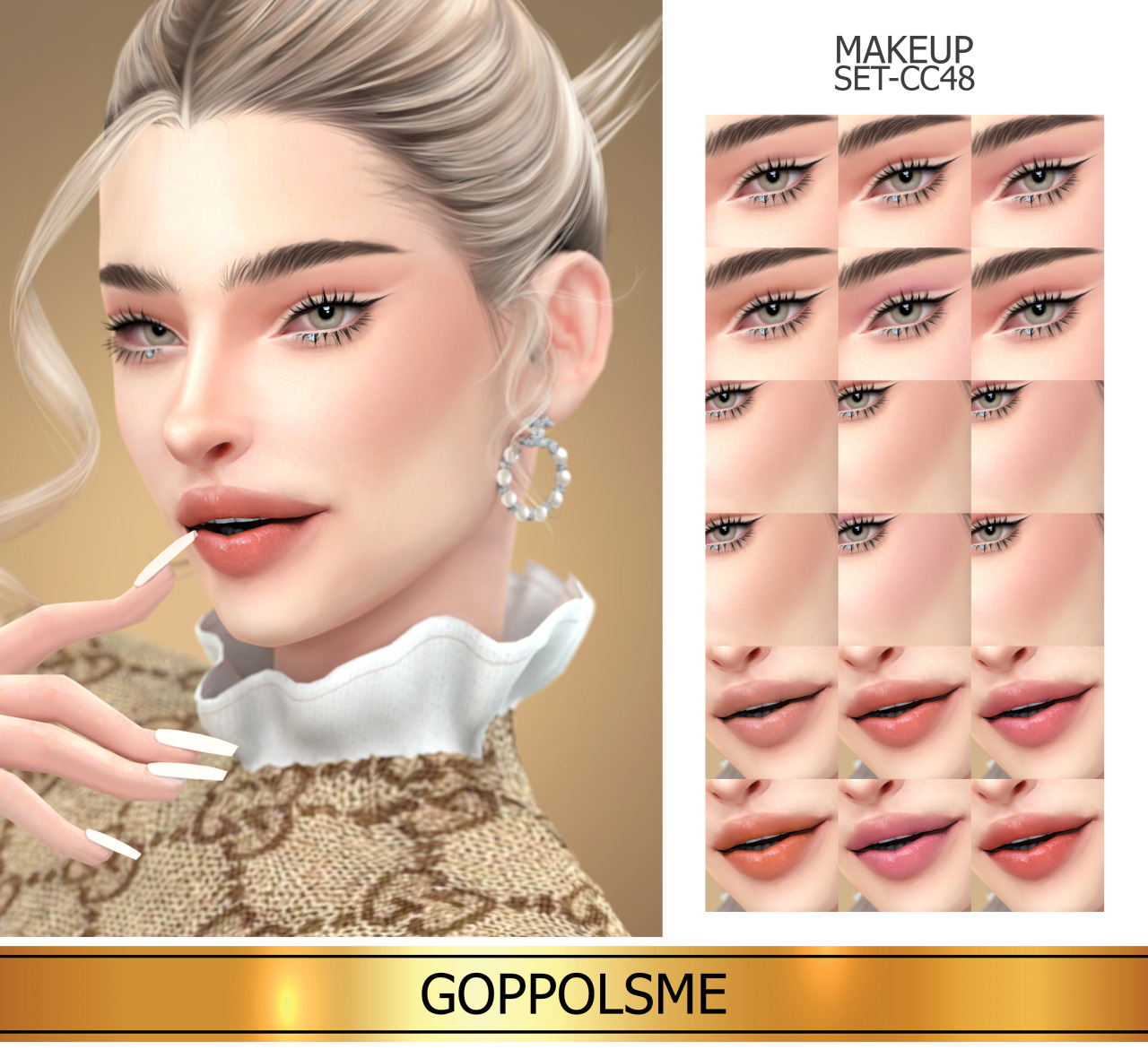 GPME-GOLD MAKEUP SET CC48Download at GOPPOLSME patreon ( No ad )Access to Exclusive GOPPOLSME Patreon onlyHQ mod compatibleThank for support me  ❤  Thanks for all CC creators ❤Hope you like it .Please don’t re-upload #goppolsme#thesims4#sims4cc#sims4ccfinds #sims 4 makeup #s4cc#s4ccfinds#s4makeup