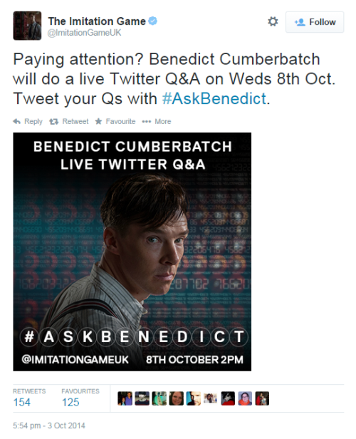 highandfunctioning:  Benedict Cumberbatch twitter Q&A!!! (x)  That’s 6 am PDT/9 am EDT on Wednesday the 8th