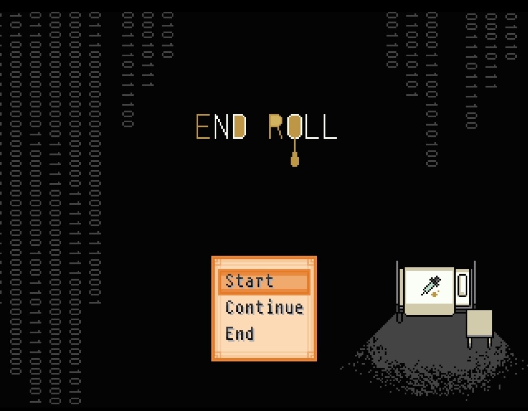 The title screen of a game, made of pixel art. The words "END ROLL" are written in white and mustard yellow letters against a black background. A yellow lightbulb in the same shade dangles from the "O" in "ROLL". Strings of light gray ones and zeroes drop down along the left edge and upper right corner of the screen. Below the title is a pale yellow box with the options "Start" "Continue" and "End". The Start option is highted in orange. To the bottom right there is a grayish bedside table and white bed, upon which rests a pillow and an empty syringe. A small amount of mustard yellow liquid from the syringe stains the covers.