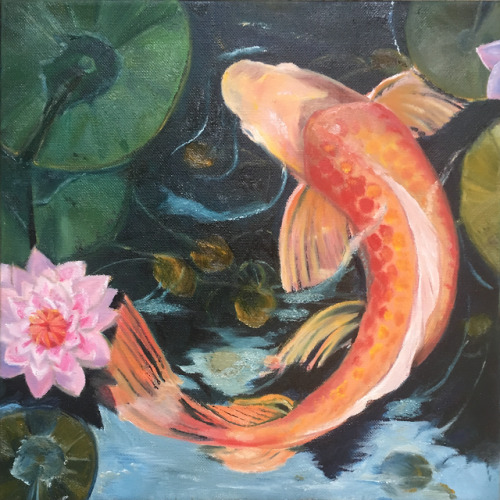 Koi in Pond. Warming those Oil paint skills back up!