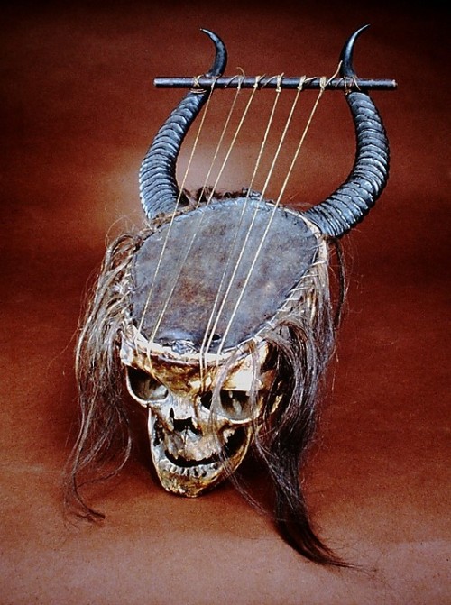 fuckmetodubstep: 19th century lyre - human skull, antelope horn, skin, gut, hair - Metropolitan Muse