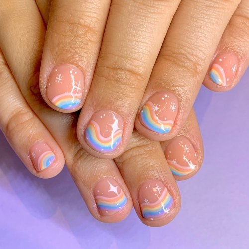 Pastel rainbow road for @imsofunnyomfg, handpainted using @cndworld Shellac shades. #rainbownails #n