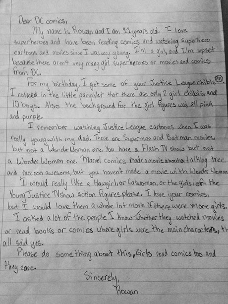 halbarry:11-year-old tells DC Comics: ‘Girls read comics too’A schoolgirl has written to the comics 