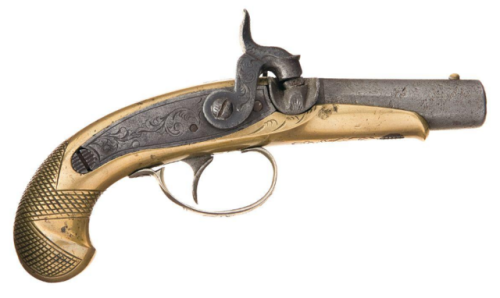 Philadelphia style percussion derringer with brass stock, mid 19th century.from Rock Island Auctions