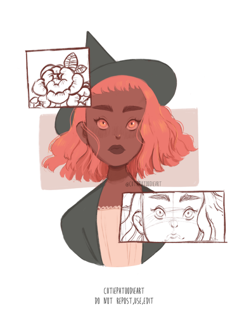 cutiepatoodieart:This took me longer than it should have :’)) [ID: Portrait illustration of a witch 