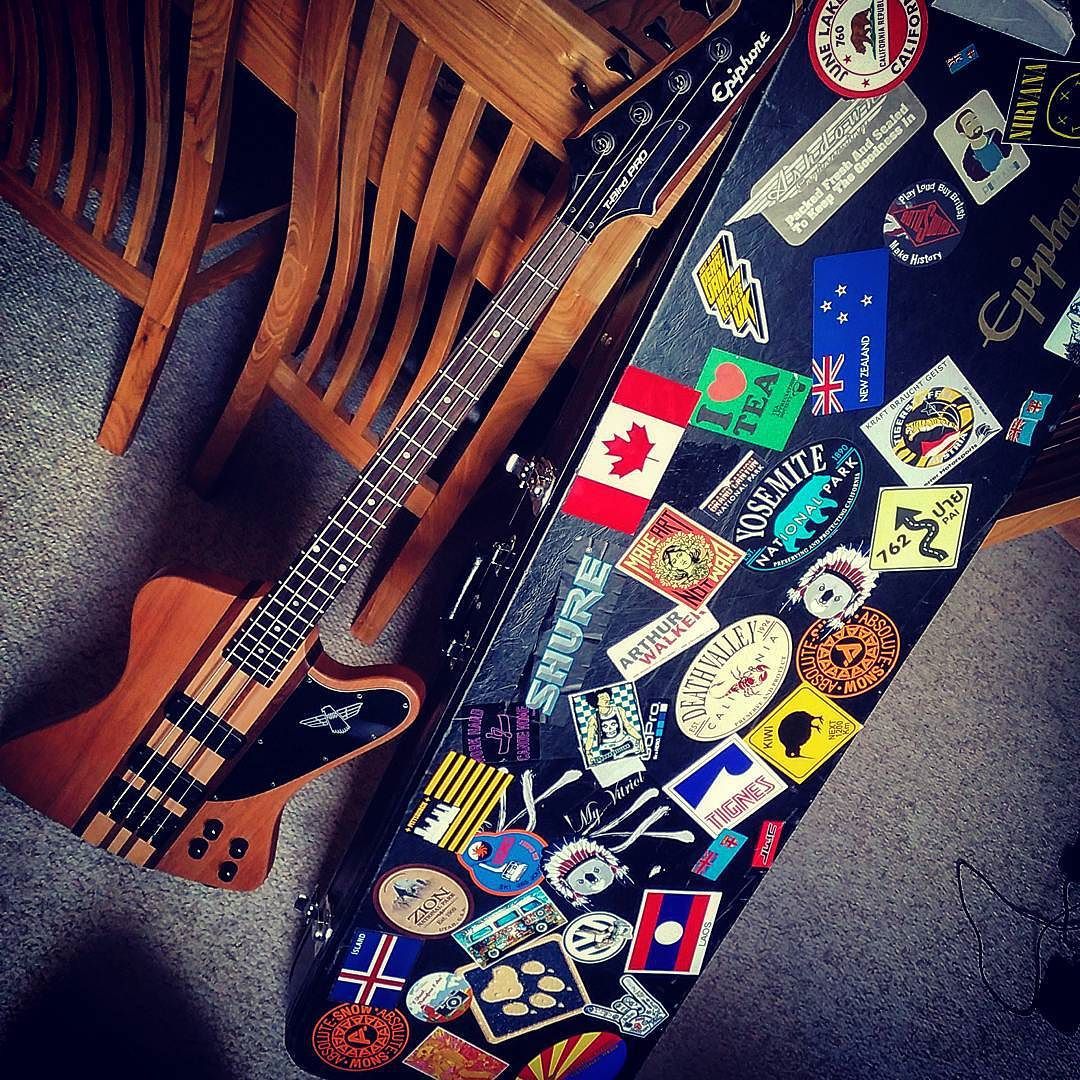 Bass case pimped with stickers I collected around the world. #goodmemories #travel #rawk #bass #travel #stickers #epiphone #thunderbird #roadtrip #blog http://ift.tt/1OYjK2p