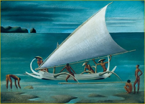 myfairynuffstuff:Miguel Covarrubias (1904 - 1957) - Balinese Fishermen with Outrigger c.1935. Gouach