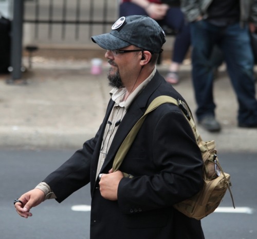 wespennest:  These are people who marched in with the “fraternal order of alt knights,” as evidenced by the “circle v” and flag patch. Really, they should be called the “scotch gard” because their leader, Kyle Chapman, gets high by huffing