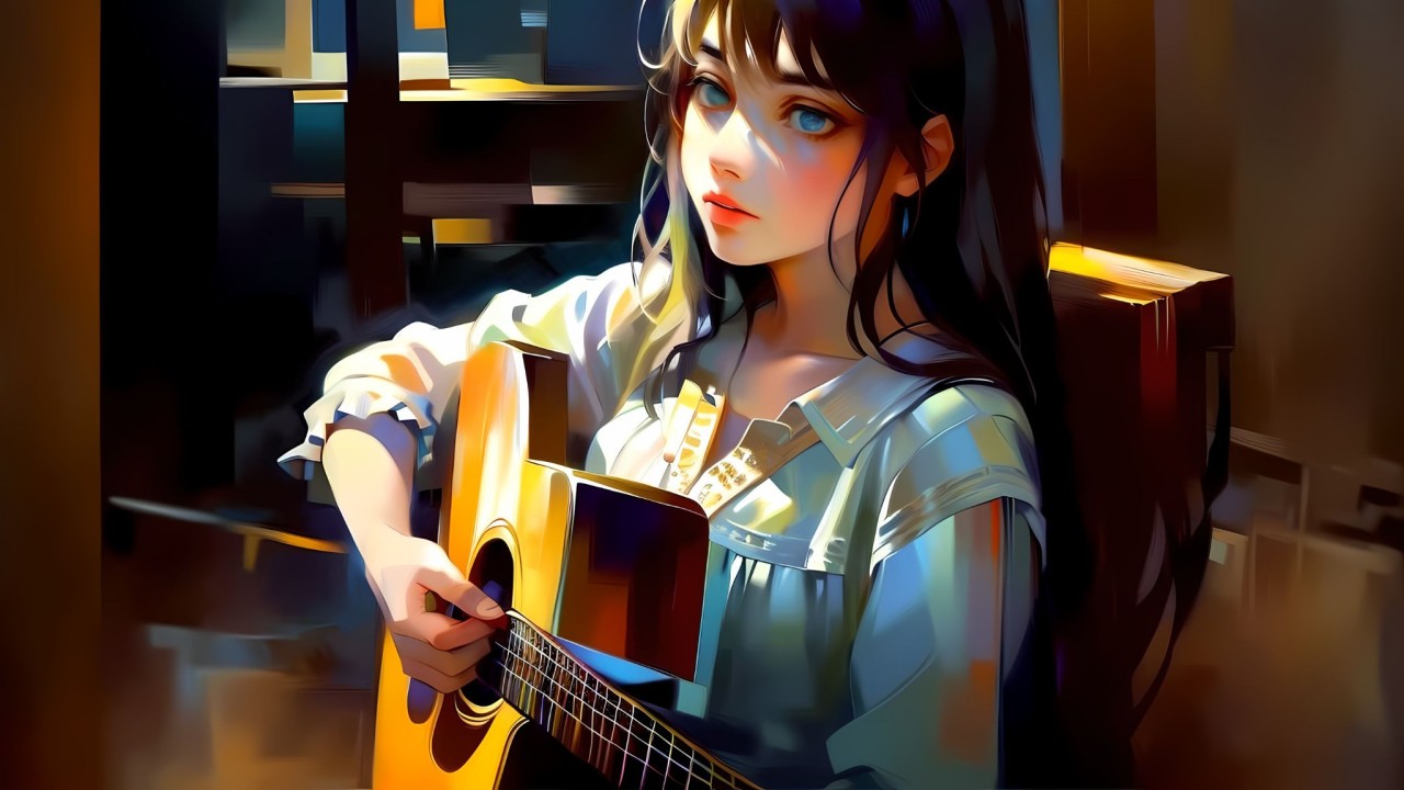 夕暮れのカフェでボサノヴァをギターで弾き語る女性