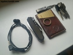 mpdwa:  Far End Gear headset.  Victorinox Climber with Cuscadi Micarta scales and a TH-1 titanium edc clip wedding band  Mnma wallet and keys on a TH-1 titanium edc clip