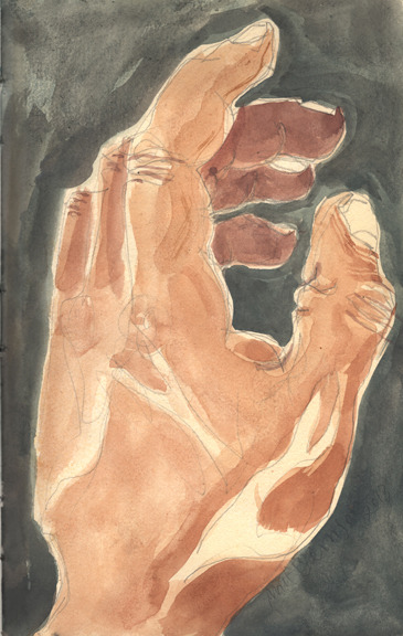 Hands drawn by Matt Bernson.   Ink and watercolor on paper  5"x8"