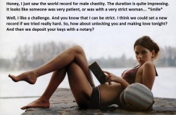 fairchastity:  captionsofchastity:  Now, that sounds like a plan! I like her spurting… eh, sporting spirit.  This is an old caption of mine that Chastity Captions was so kind to publish at the time, thanks again!   World record? Yikes! 😱😱🔐