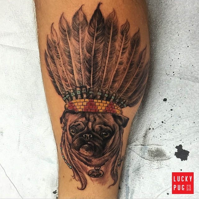 luckypugtattoos:  Leg pug tattoo on @aaronboof by @skullytattoos    www.luckypug.com