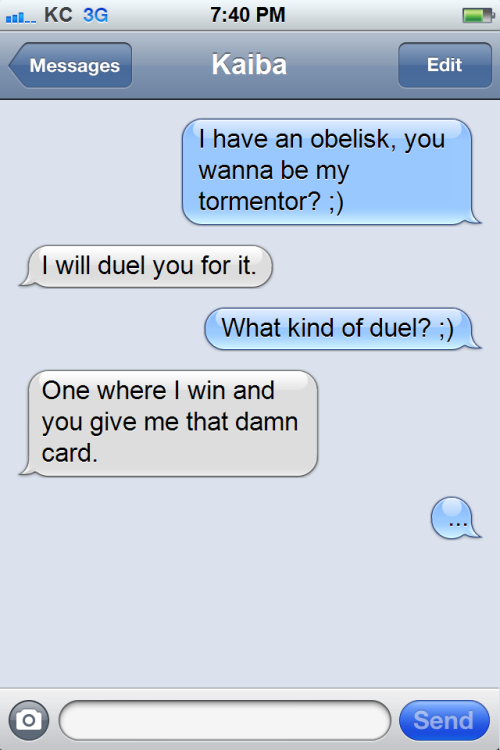 textsfromgayduelists:  Yami Marik sends pick up lines to all the others…