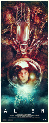 cinemagorgeous:  Beautiful tributes to Ridley Scott’s ALIEN by artists Rich Davies (top) and Orlando Arocena (bottom).