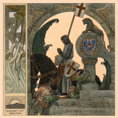 my-ear-trumpet:f##kyeahvintageillustration:Calender sheets for April depicting Saint George by Heinr